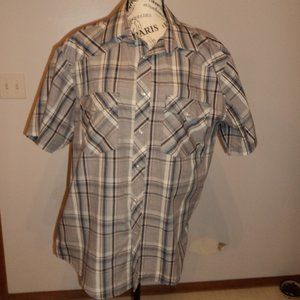 Studio 10 Men's XL Western Shirt Pearl Snap Short Sleeve Plaid Gray Blue Black